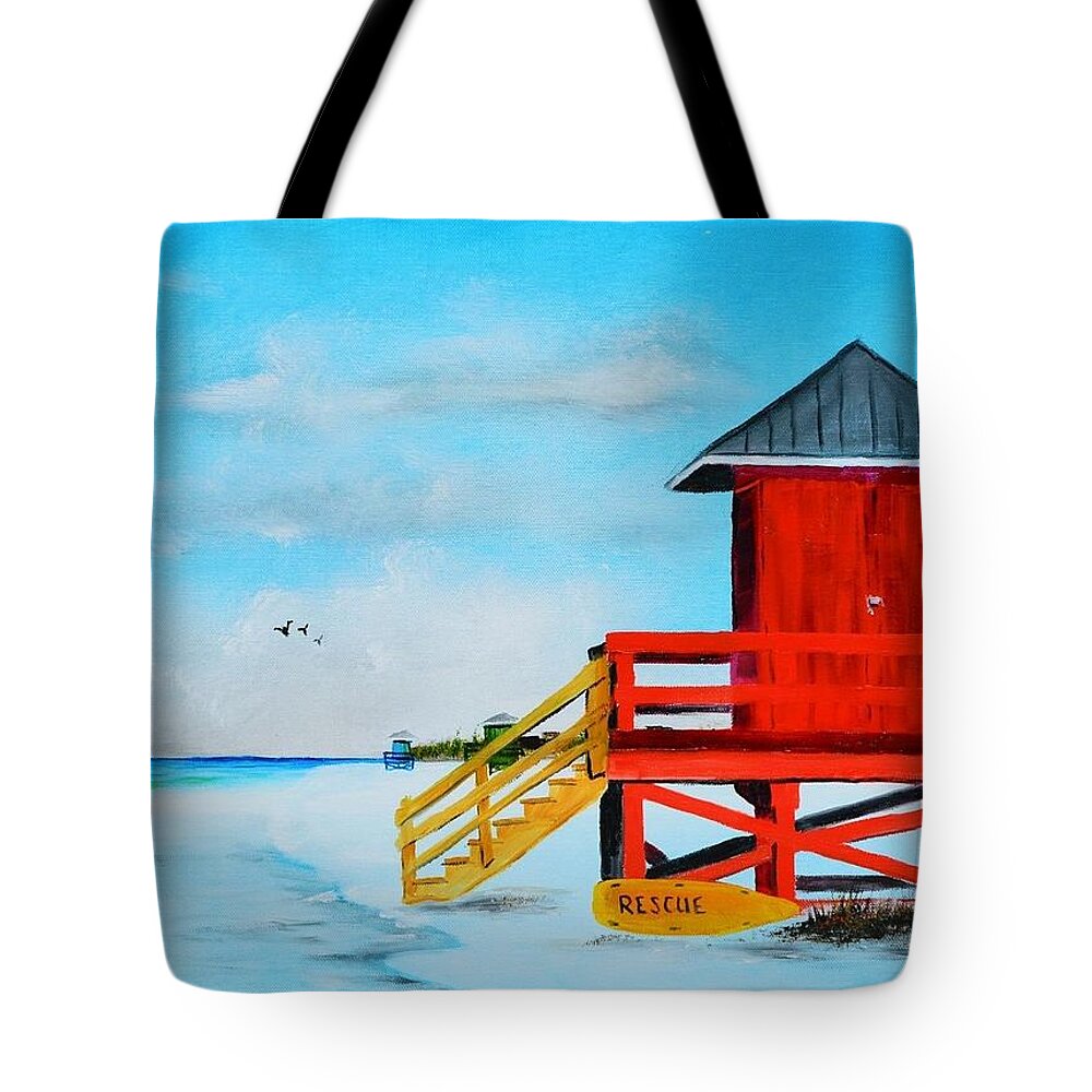 Siesta Key Tote Bag featuring the painting Red Life Guard Shack On The Key by Lloyd Dobson