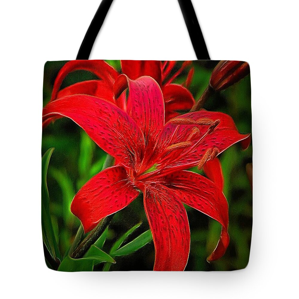 Lily Tote Bag featuring the digital art Red Lily by Charmaine Zoe