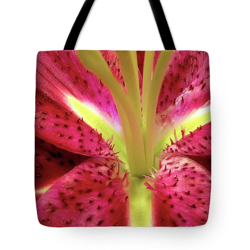Nature Tote Bag featuring the photograph Red Lily Closeup by Linda Carruth