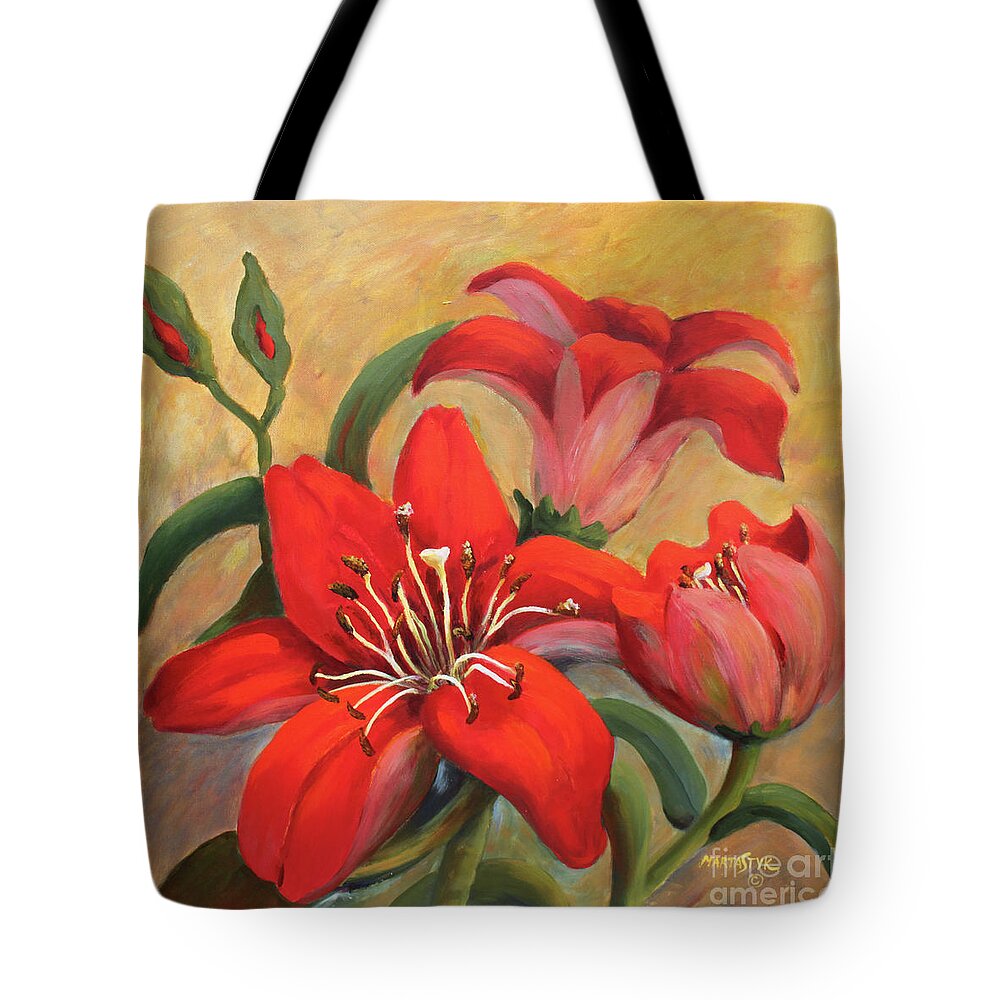  Tote Bag featuring the painting Red Lily/ Queen of garden by Marta Styk