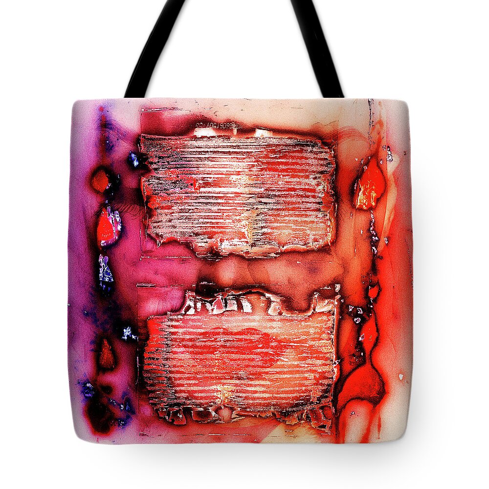 Collage Tote Bag featuring the photograph Red lips behind metal stripes by Gabi Hampe