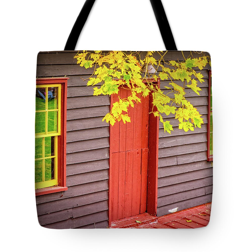 Landscape Tote Bag featuring the photograph Red Mill Door in Fall by Joe Shrader