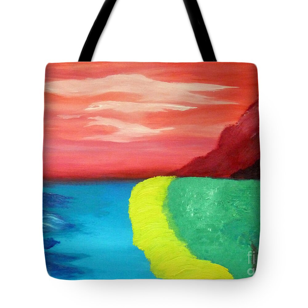 Red Tote Bag featuring the painting Red mountain by the sea by Francesca Mackenney
