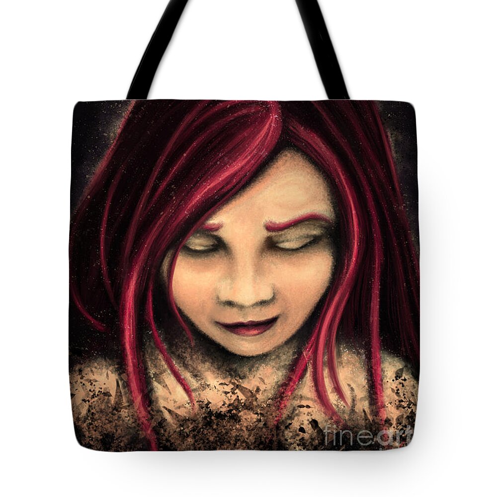 Girl Tote Bag featuring the painting Red hair girl portrait, whimsical gothic style girl by Nadia CHEVREL
