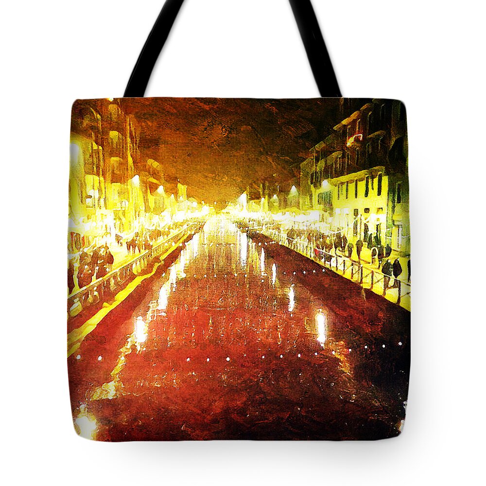 Milan Tote Bag featuring the digital art Red Naviglio by Andrea Barbieri