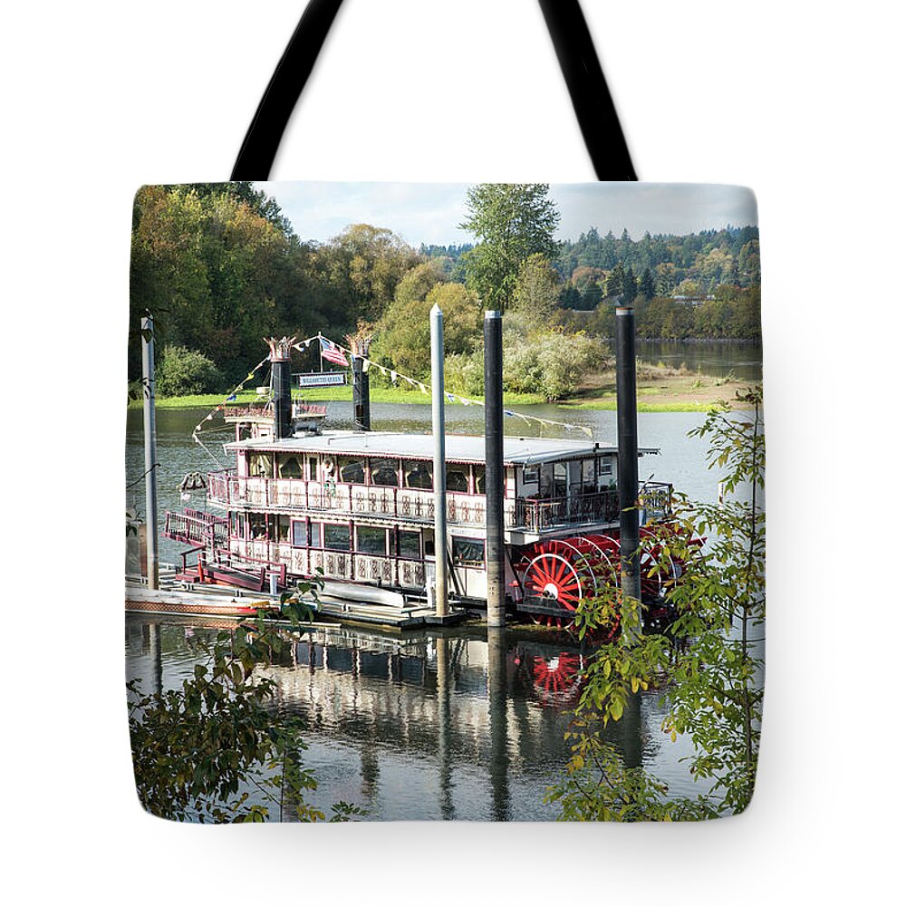 Paddle Wheeler; Boats; Leisure; Summer; Peaceful; Willamette River; Salem; Oregon; Willamette Queen; Riverfront City Park; Carousel; Paddle Wheel Tote Bag featuring the photograph Red Paddle Wheel by Tom Cochran