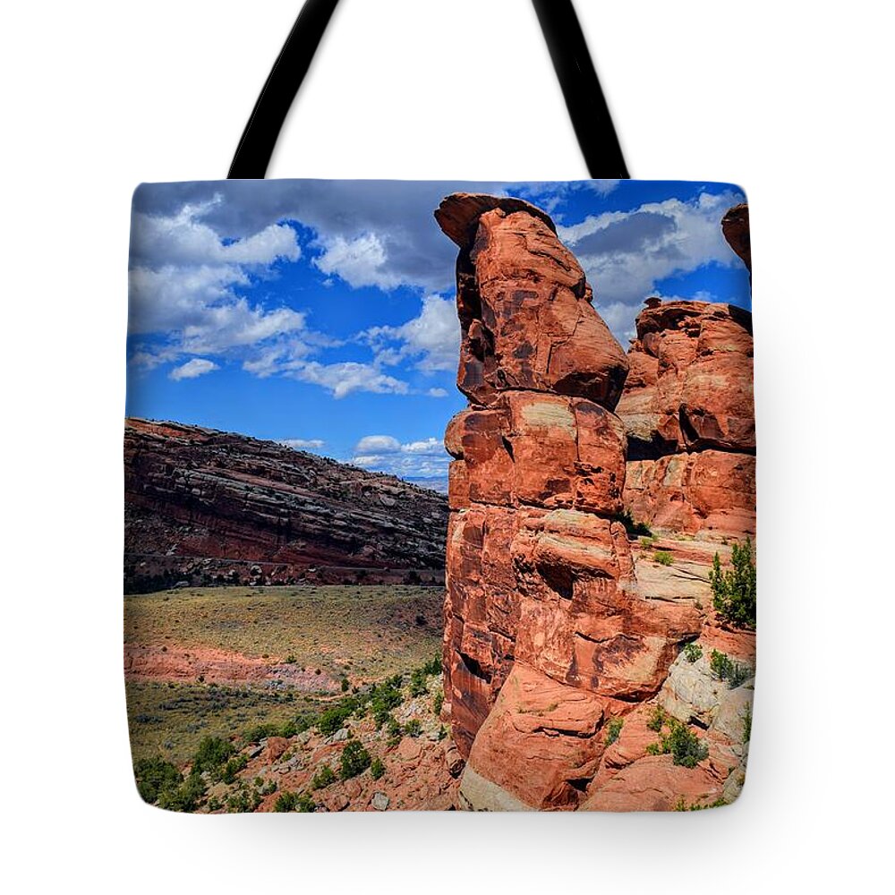 Red Rocks And Blue Sky Tote Bag featuring the photograph Red Pillars and a Blue Sky by Michael Brungardt