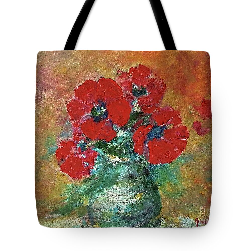 Flowers Tote Bag featuring the painting Red poppies in a vase by Amalia Suruceanu