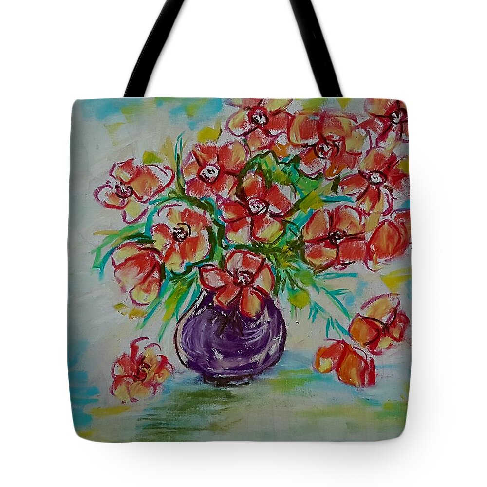 Poppies Tote Bag featuring the drawing Red poppies in vase by Hae Kim