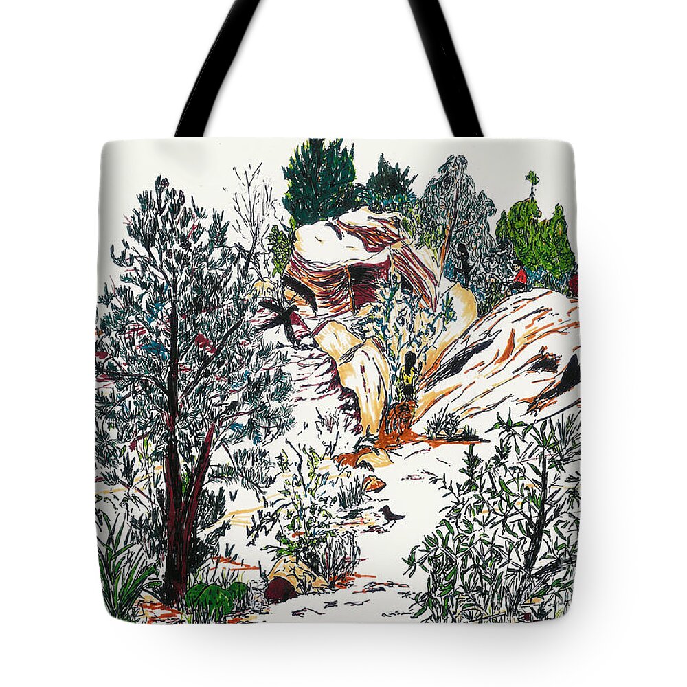 Nevada Tote Bag featuring the painting Red Rock Children's Discovery by Vicki Housel
