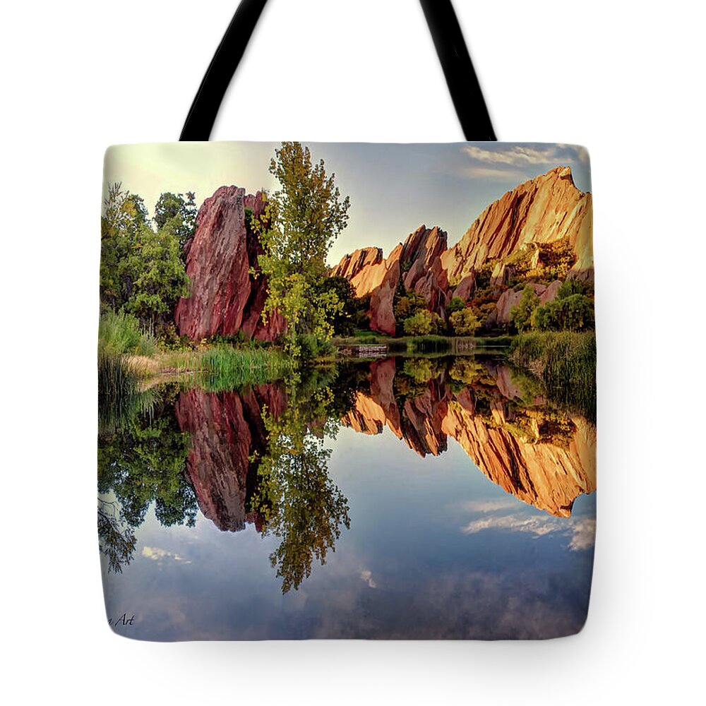 Colorado Tote Bag featuring the photograph Colorado Roxborough Park and Arrowhead golf course Red Rocks Reflection by O Lena
