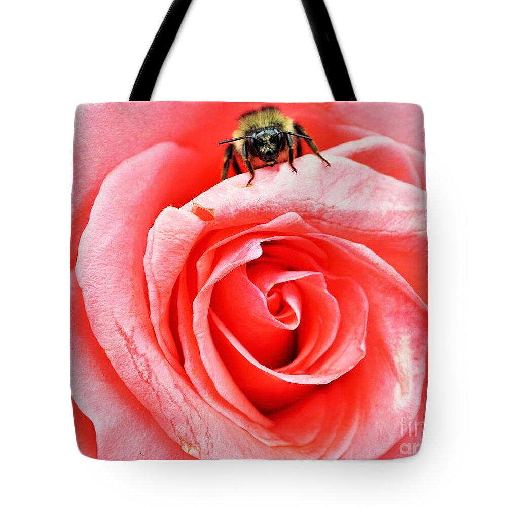 Rose Tote Bag featuring the photograph Red rose and bee by Merle Grenz