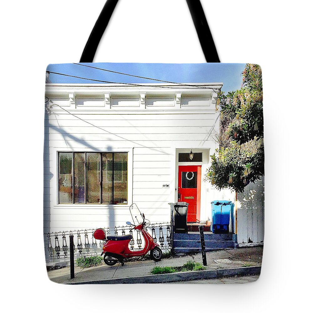  Tote Bag featuring the photograph Red Scooter by Julie Gebhardt