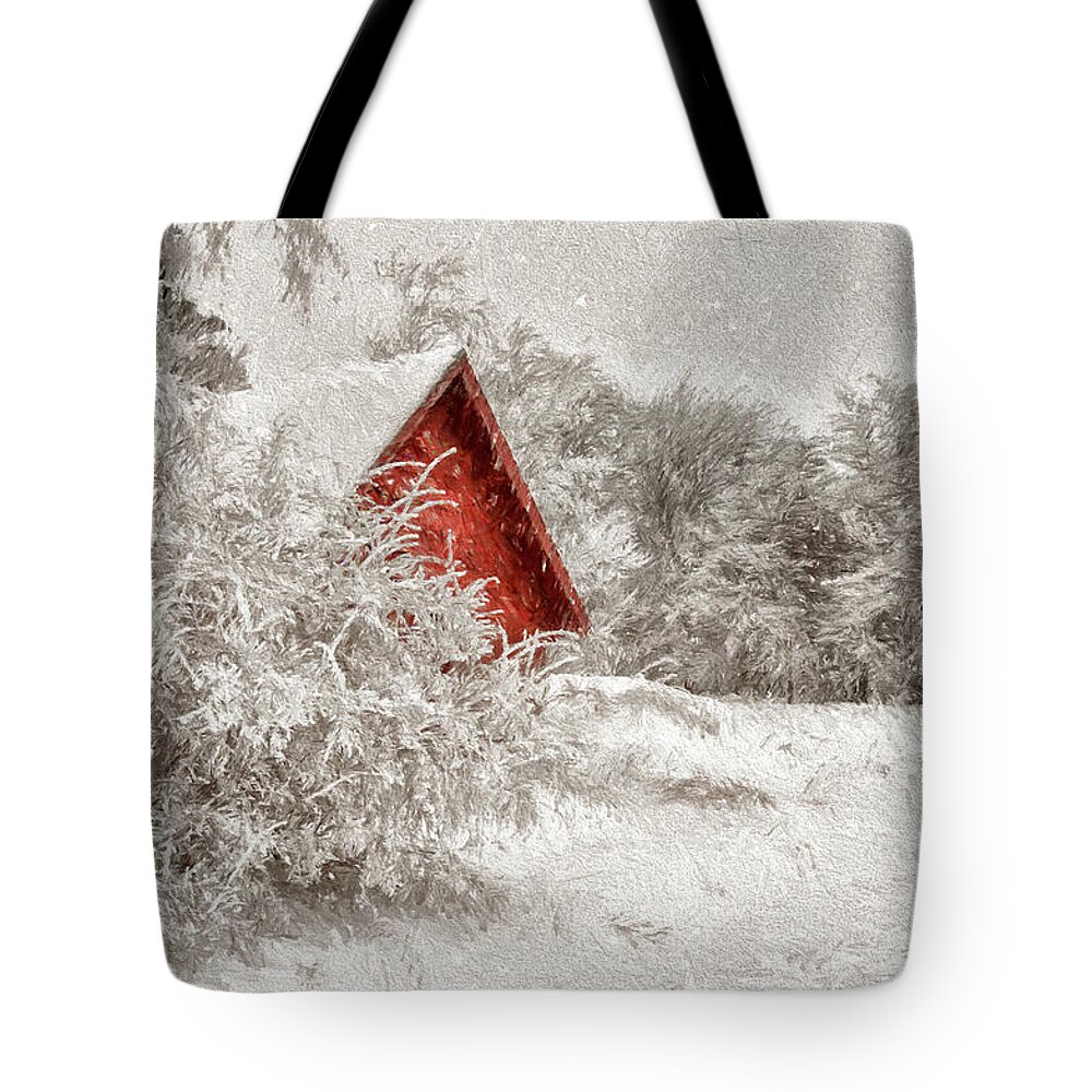 Shed Tote Bag featuring the digital art Red Shed In The Snow by Lois Bryan
