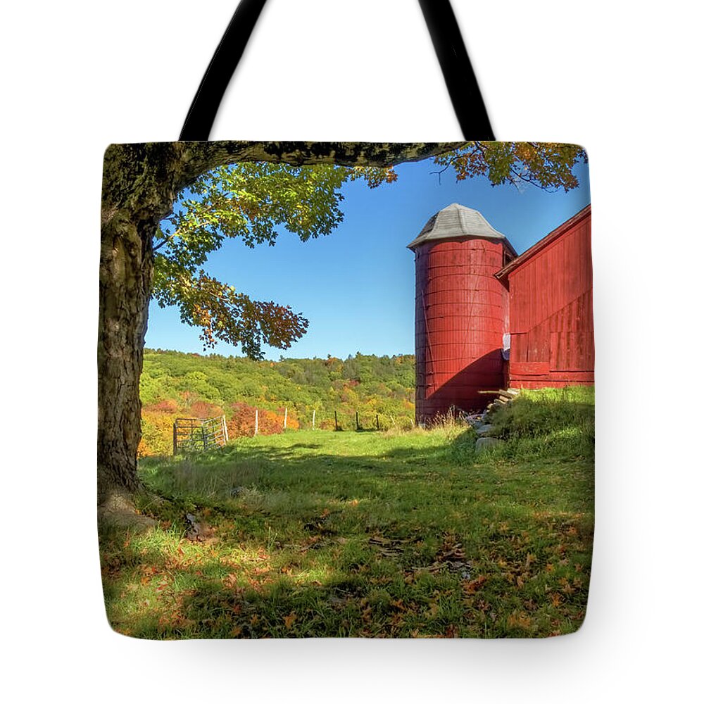 Shelburne Falls Massachusetts Tote Bag featuring the photograph Red Silo by Tom Singleton