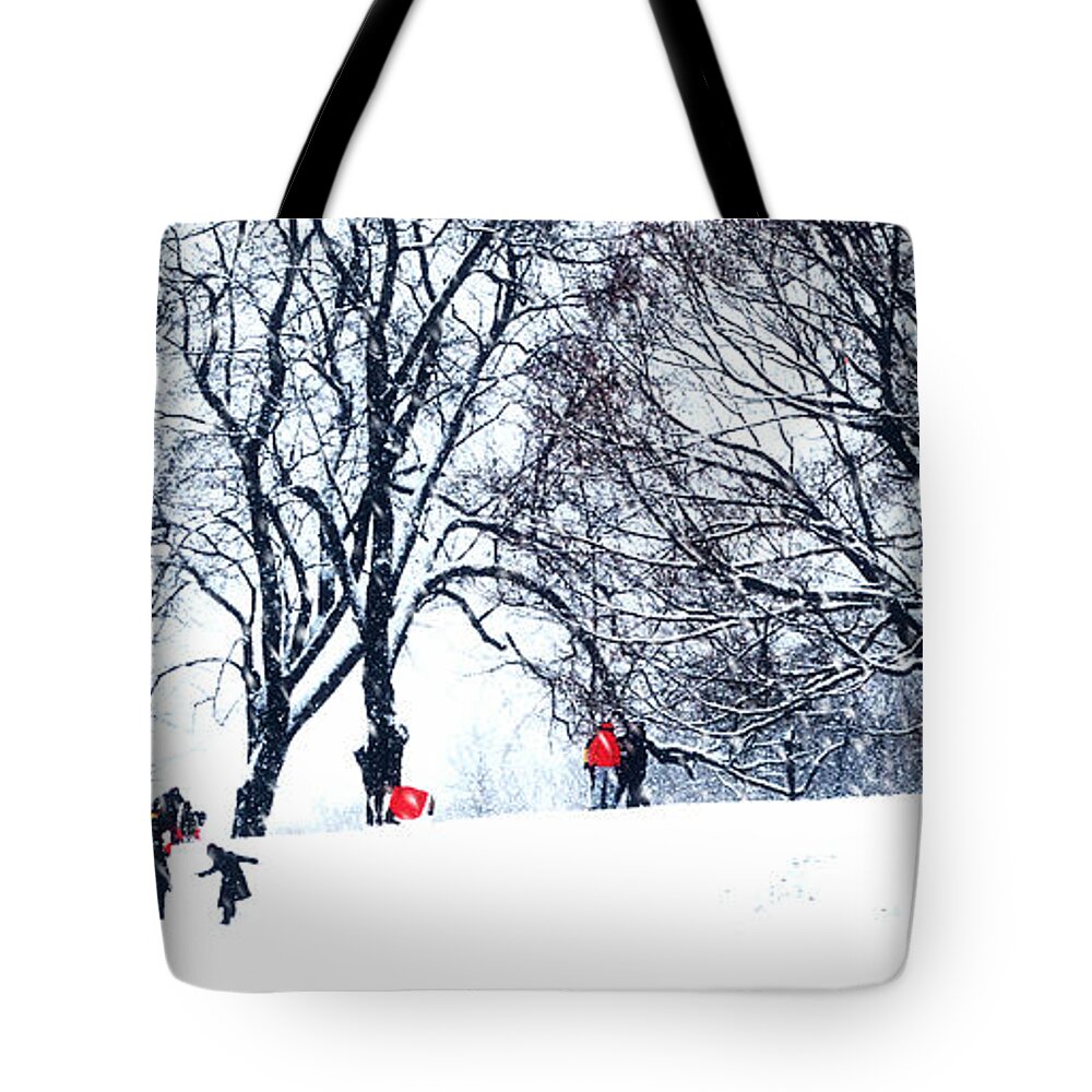 Red Sleds Tote Bag featuring the photograph Red Sleds in Snow - Slim Horizontal by Jacqueline M Lewis