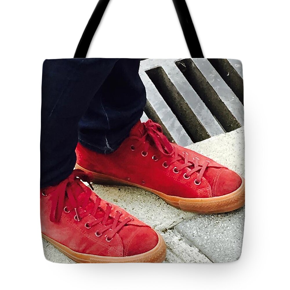 Red Sneakers Selective Color Pattern Contrast Tote Bag featuring the photograph Red Sneakers by J Doyne Miller