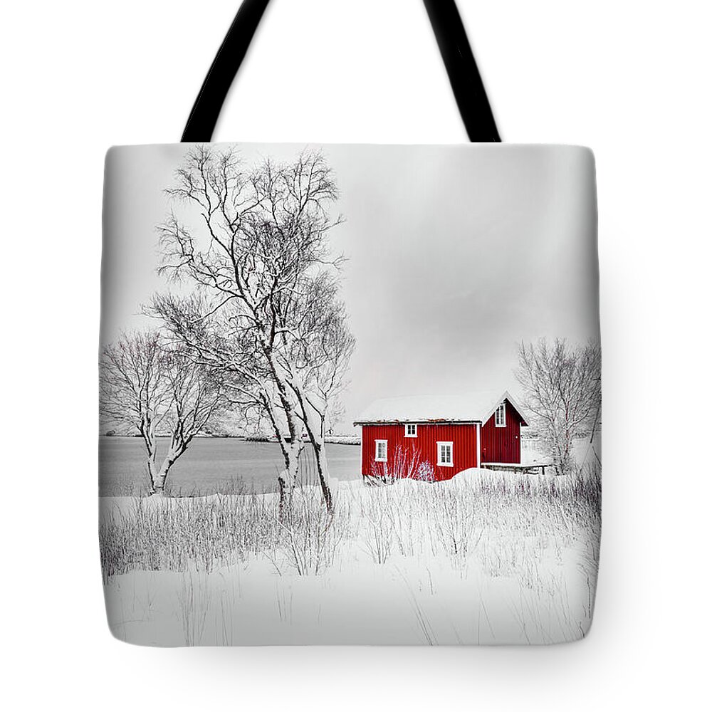 Norway Tote Bag featuring the photograph Red Solitude by Philippe Sainte-Laudy