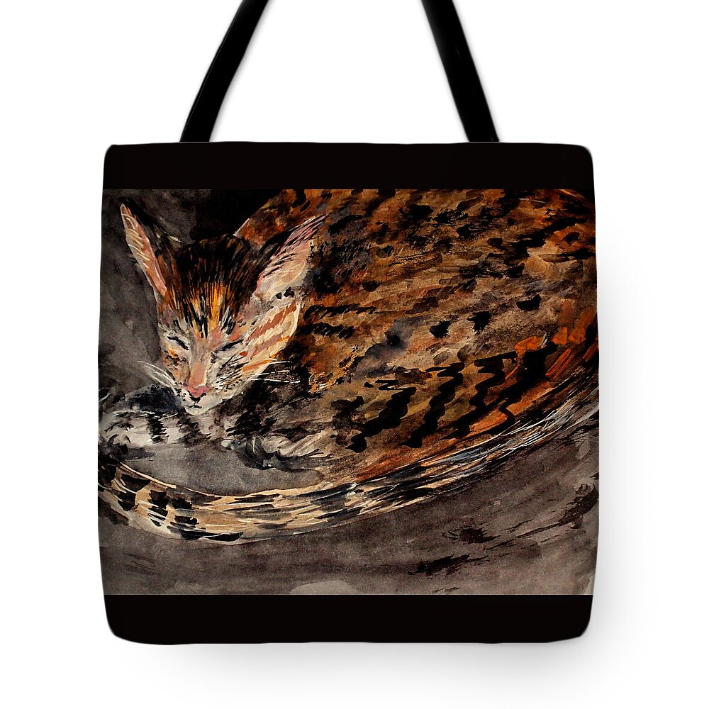 Watercolor And Gouache Painting Of A Cat Tote Bag featuring the painting Red Spot Tabby by Nancy Kane Chapman