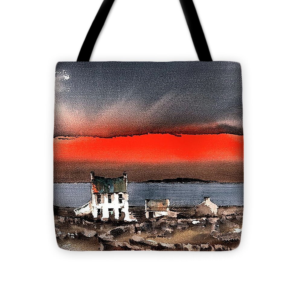  Tote Bag featuring the painting Red Sunset on Bungowla, Aran, Galway by Val Byrne