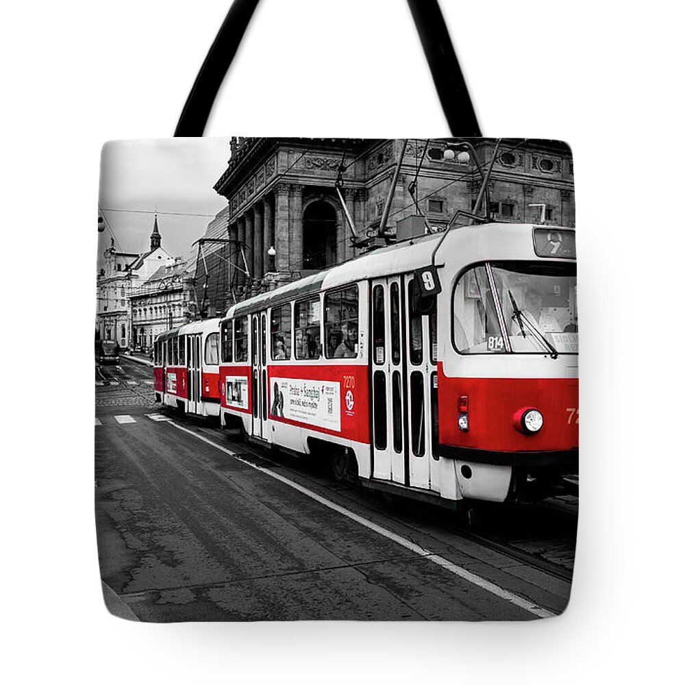 Prague Red Tram Tote Bag featuring the photograph Prague Red Streetcar by M G Whittingham
