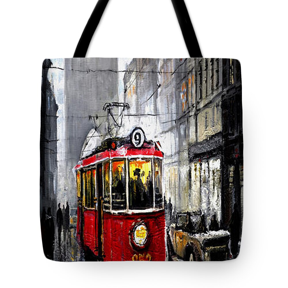 Prague Tote Bag featuring the mixed media Red Tram by Yuriy Shevchuk