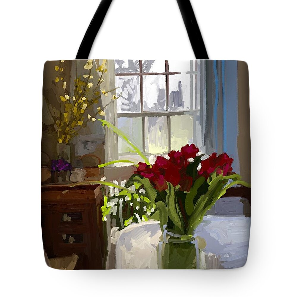Red Tulips Tote Bag featuring the painting Red Tulips and Forsythia in East Gloucester, MA Dining Room by Melissa Abbott