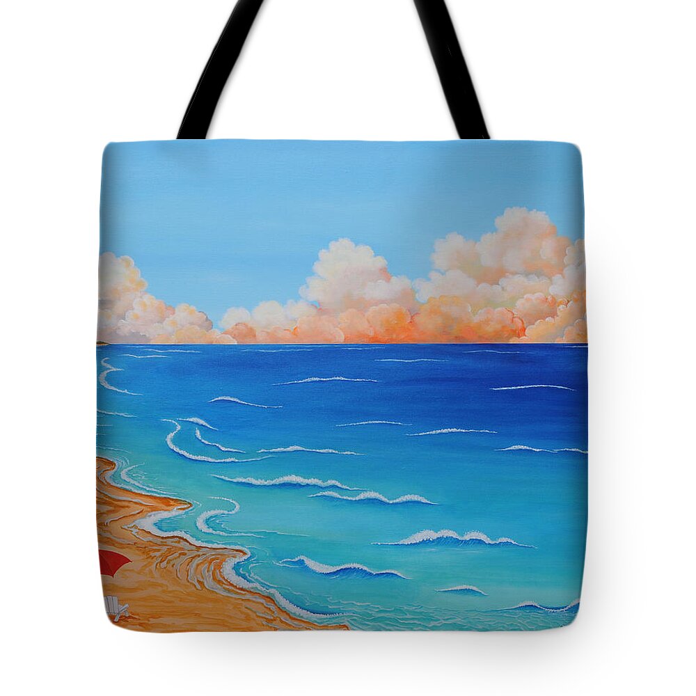 Ocean Tote Bag featuring the painting Red Umbrella by Carol Sabo