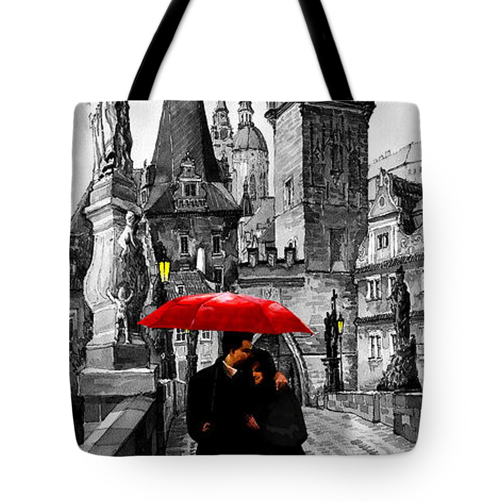 Mix Media Tote Bag featuring the mixed media Red Umbrella by Yuriy Shevchuk