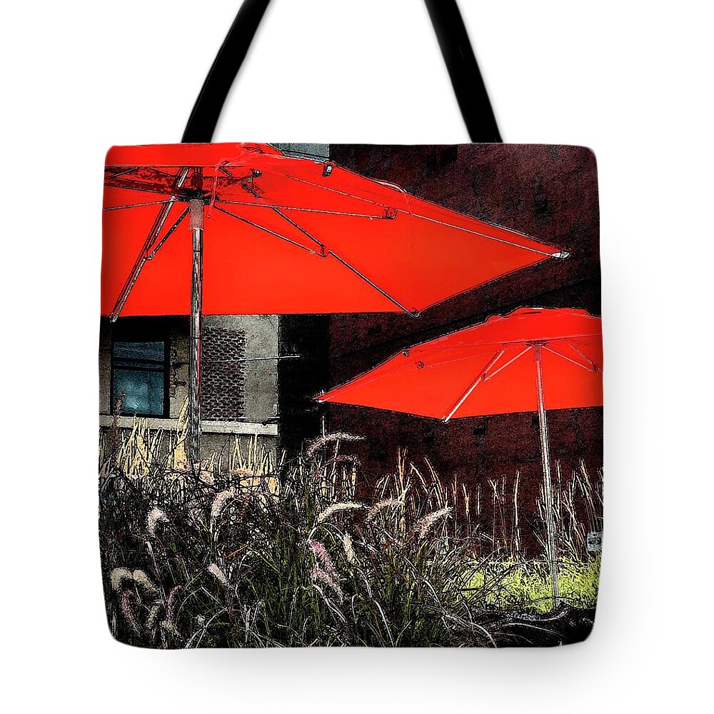 Umbrellas Tote Bag featuring the photograph Red Umbrellas in Chicag by Coke Mattingly