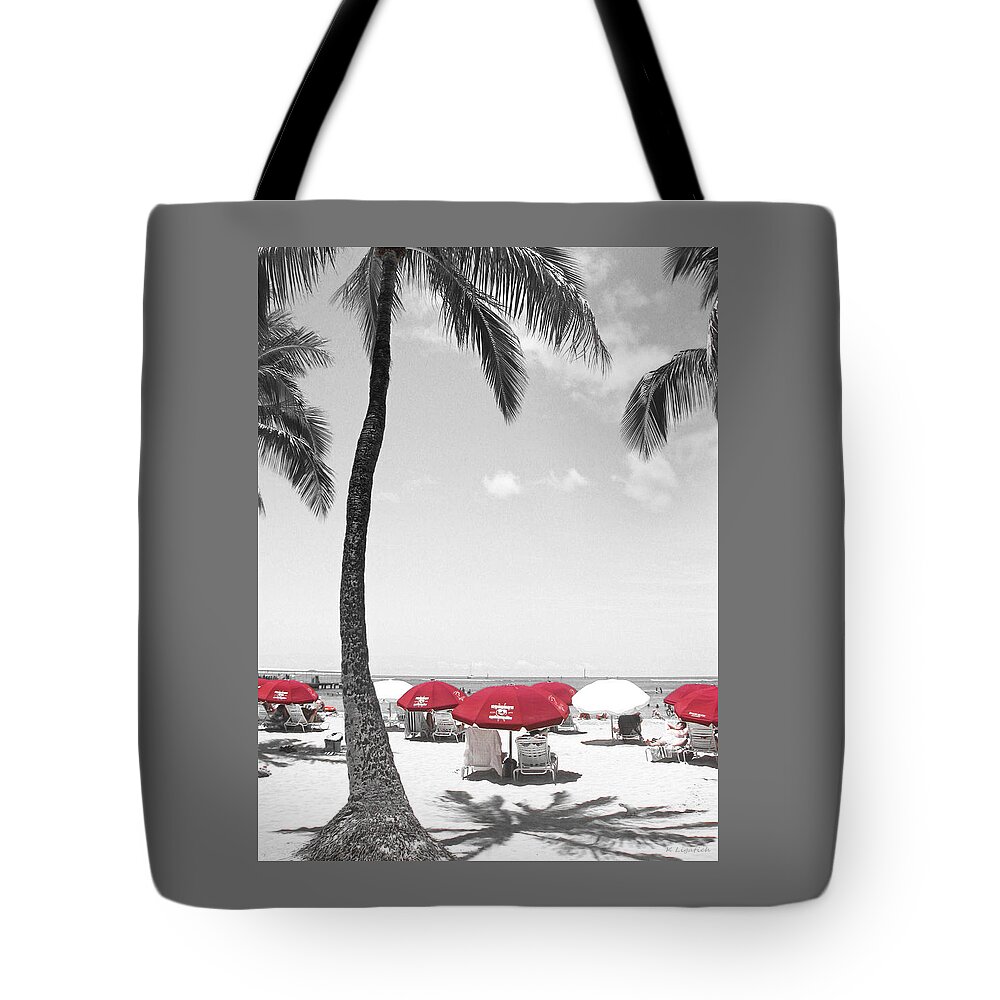 Beach Tote Bag featuring the photograph Red Umbrellas on Waikiki Beach Hawaii by Kerri Ligatich
