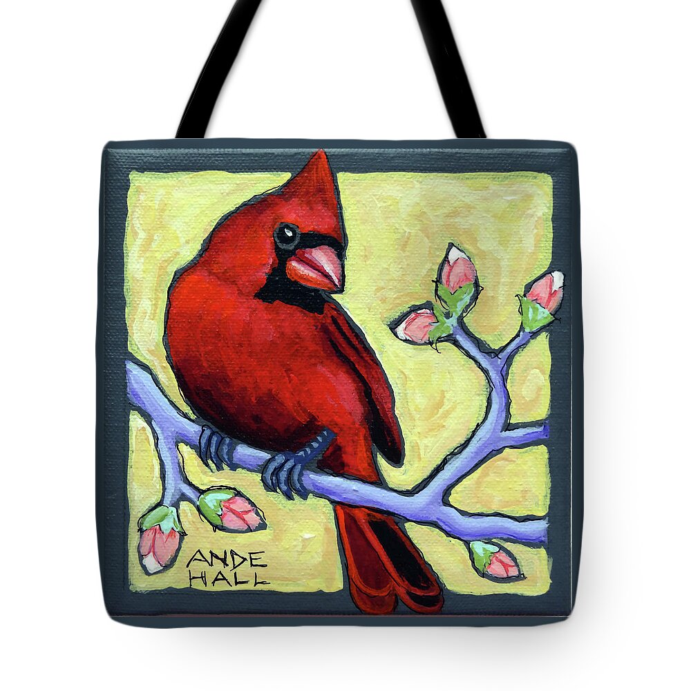 Cardinal Tote Bag featuring the painting Redbird With Buds by Ande Hall