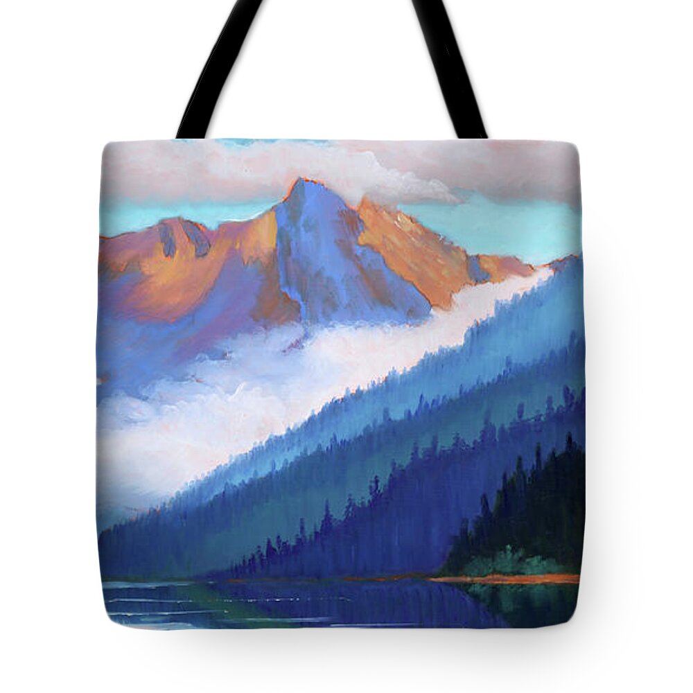 Redfish Lake Tote Bag featuring the painting Redfish Lake - Low Clouds by Kevin Hughes