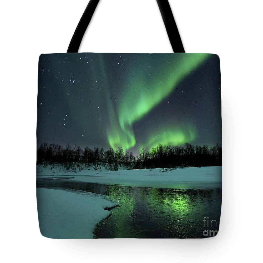 #faatoppicks Tote Bag featuring the photograph Reflected Aurora Over A Frozen Laksa by Arild Heitmann