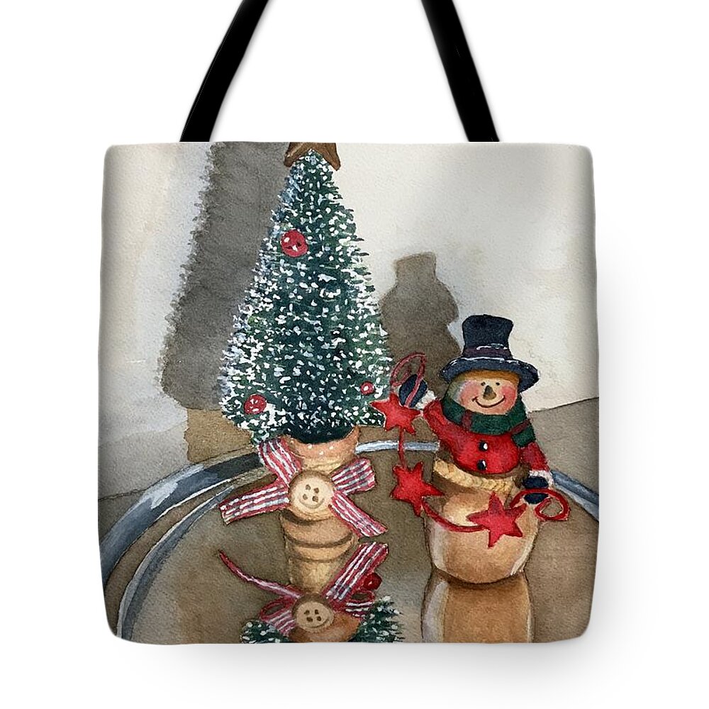 Snowman Tote Bag featuring the painting Reflecting by Sue Carmony