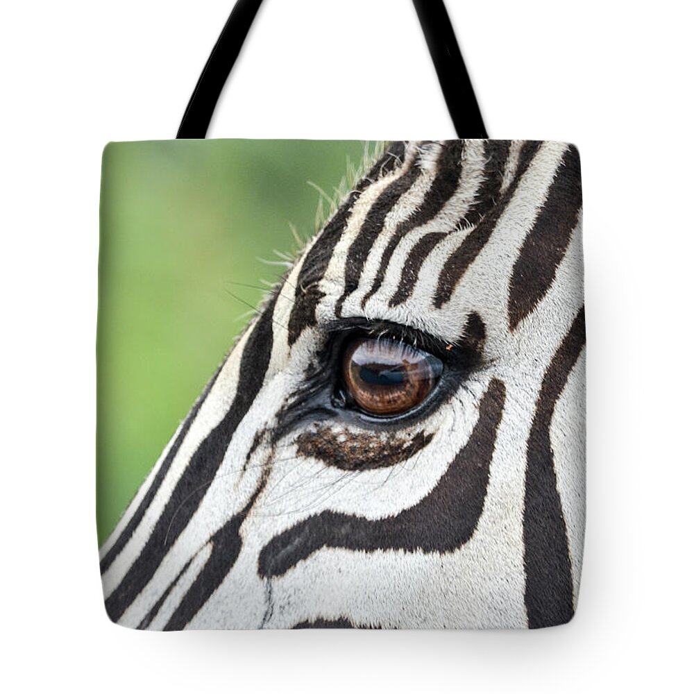 Zebra Tote Bag featuring the photograph Reflection in a zebra eye by Gaelyn Olmsted