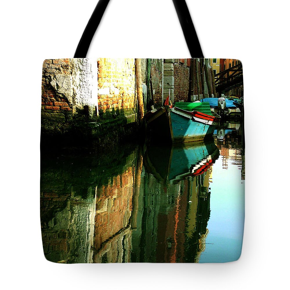 Venice Tote Bag featuring the photograph Reflection of the Wooden Boat by Donna Corless
