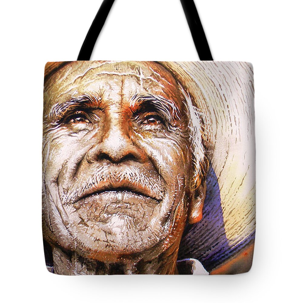 Original Fineart Tote Bag featuring the painting Reflections About Earth, Bronze And Sun by J U A N - O A X A C A