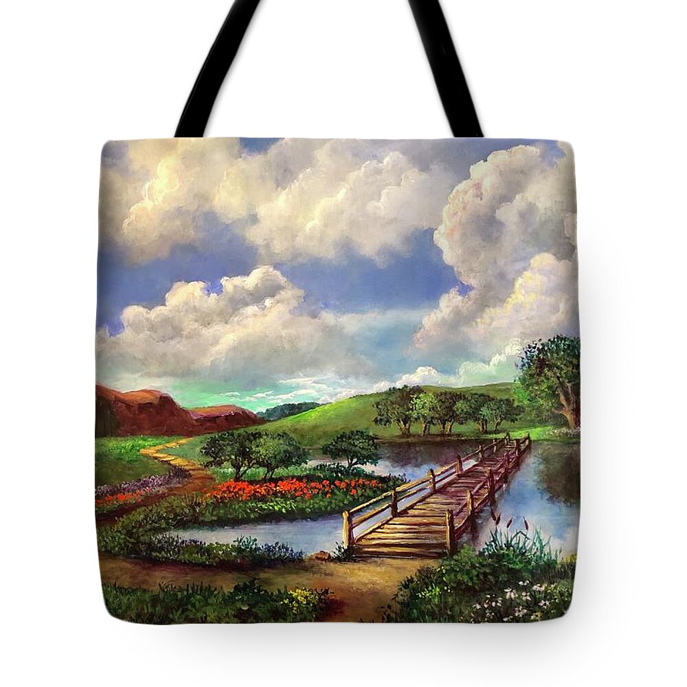 Bridge Tote Bag featuring the painting Reflections and Light by Rand Burns