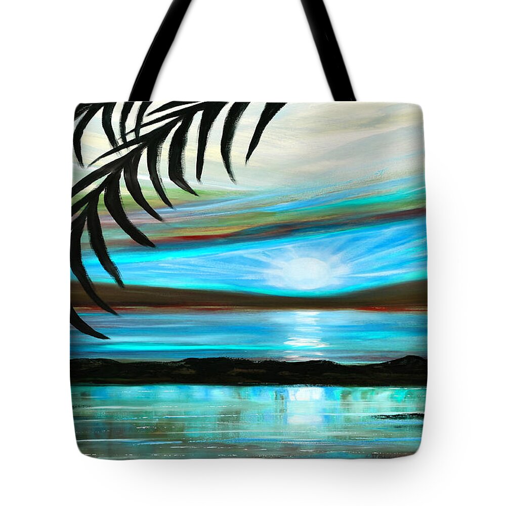 Sunset Tote Bag featuring the painting Reflections in Teal - Landscape Sunset by Gina De Gorna