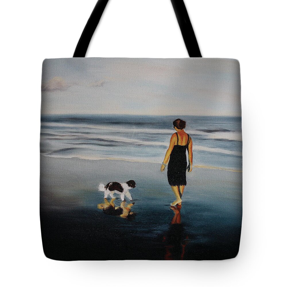 Ocean; Sunrise; Dog; Sand; Serenity; Contemplation; Companionship; Friendship; Water Tote Bag featuring the painting Reflections by Marg Wolf