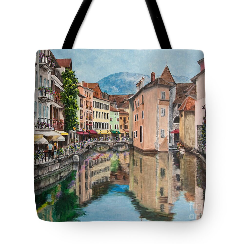 Annecy France Art Tote Bag featuring the painting Reflections Of Annecy by Charlotte Blanchard