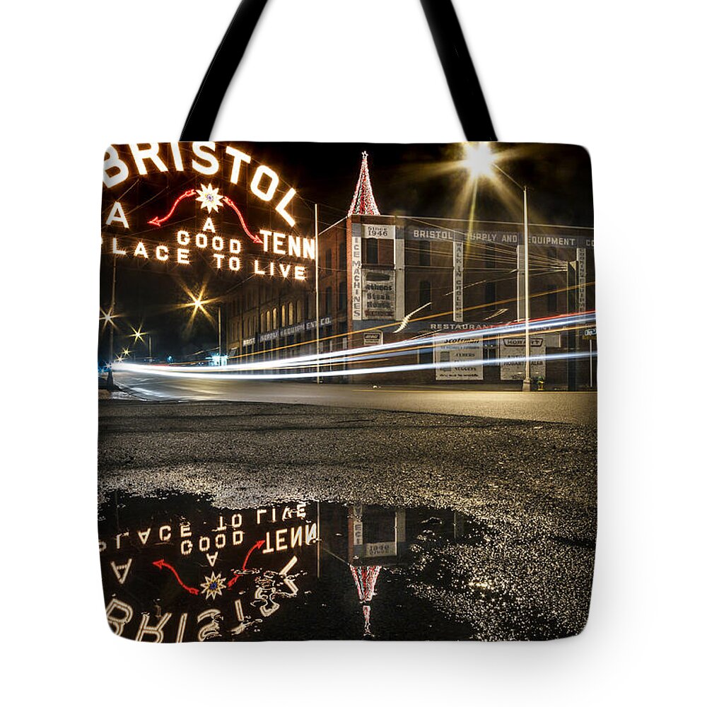 Bristol Tote Bag featuring the photograph Reflections of the Bristol Sign by Greg Booher