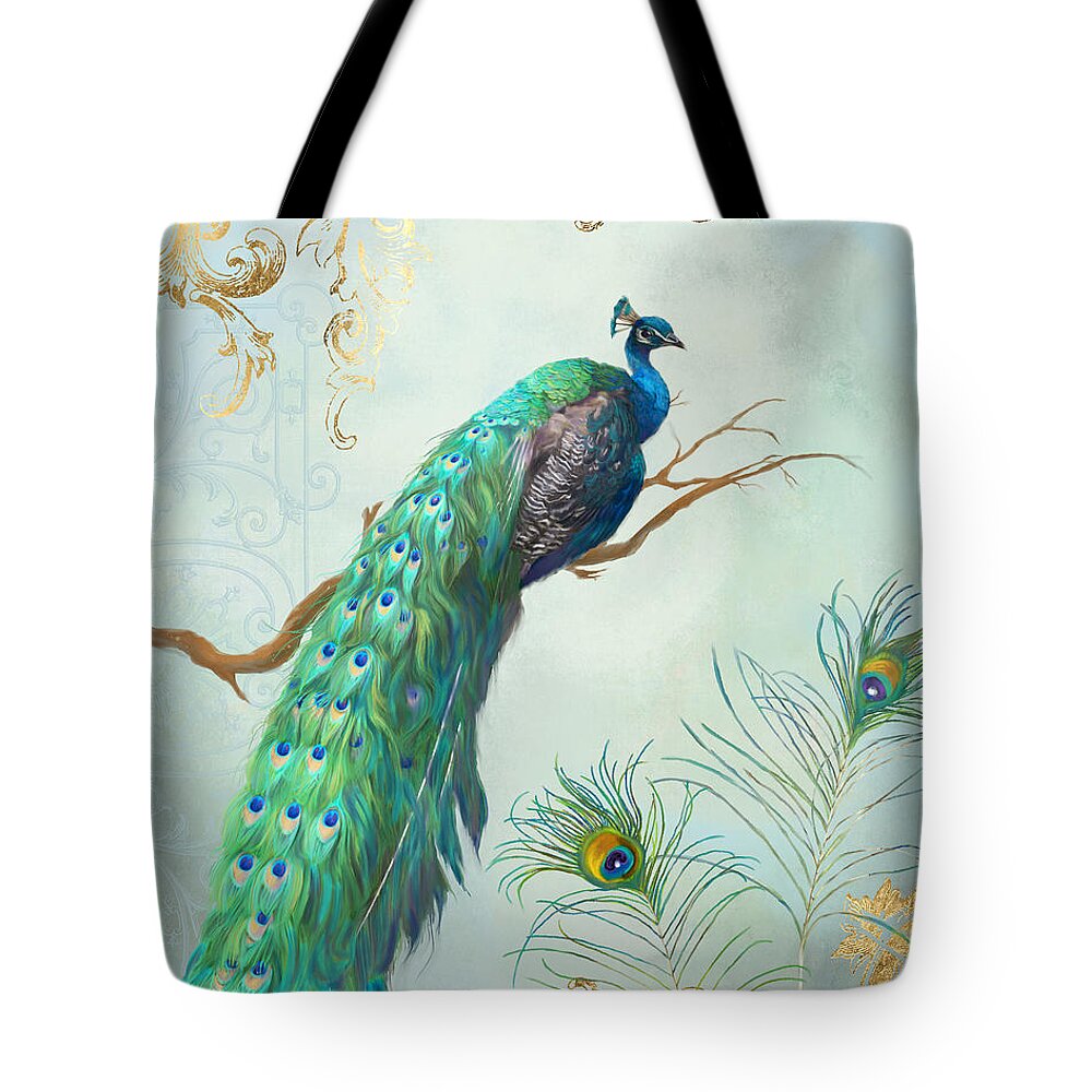 Peacock On Tree Branch Tote Bag featuring the painting Regal Peacock 1 on Tree Branch w Feathers Gold Leaf by Audrey Jeanne Roberts