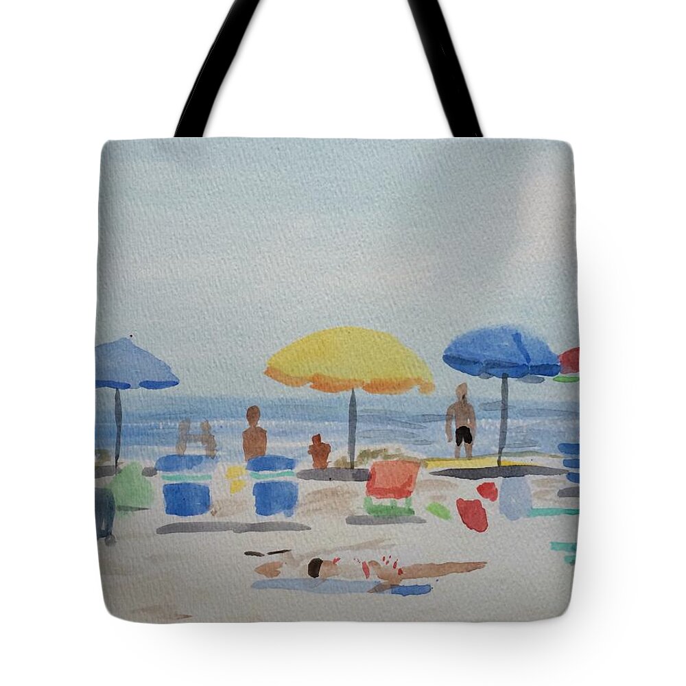 Rehoboth Beach Ocean Beach Beach Umbrellas Tote Bag featuring the painting Rehoboth Beach by Maggii Sarfaty