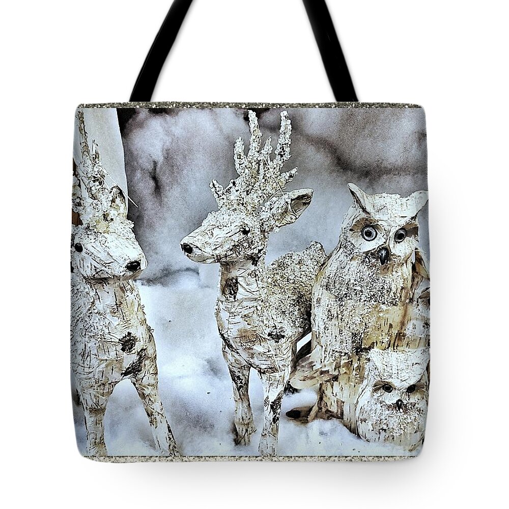 Holiday Tote Bag featuring the photograph Reindeer And Owls Holiday Celebration 2 by Rachel Hannah