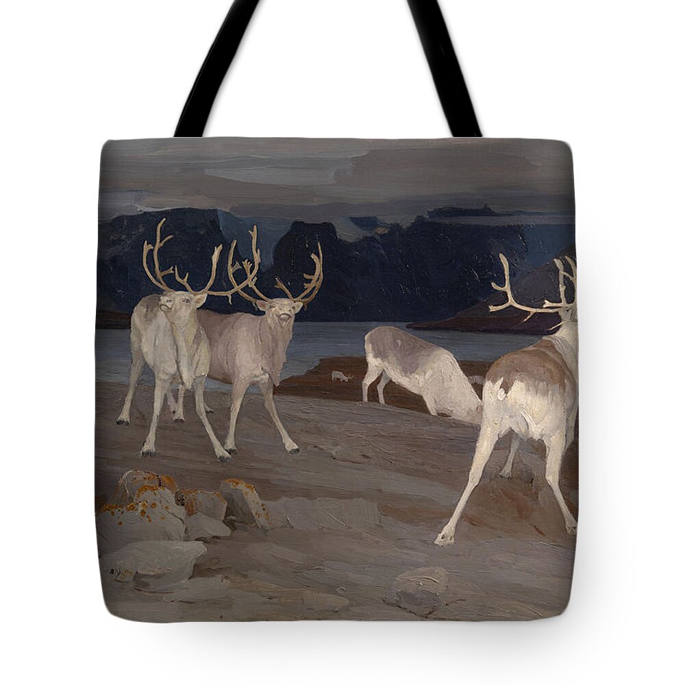 Alexander Borisov Tote Bag featuring the painting Reindeer Keeping Watch by MotionAge Designs