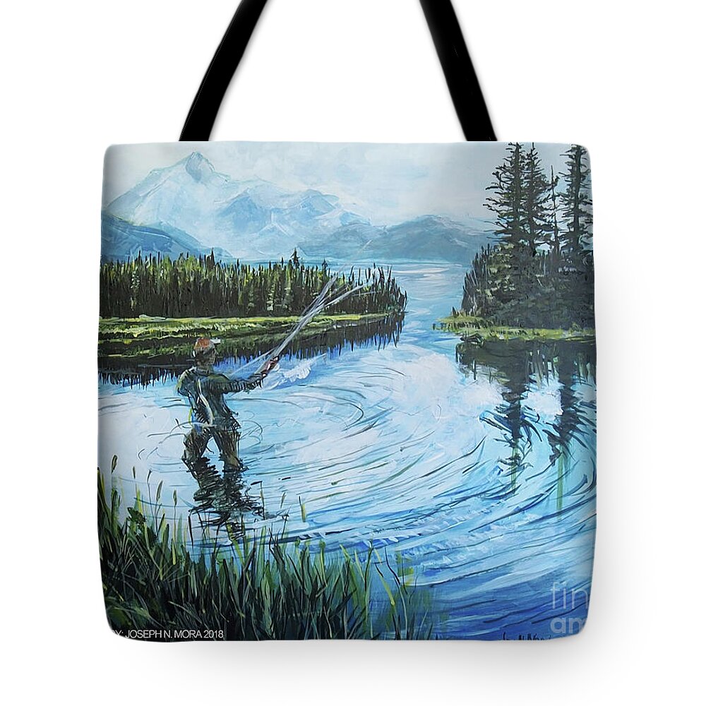 Fly Fishing Tote Bag featuring the painting Relaxing @ Fly Fishing by Joseph Mora