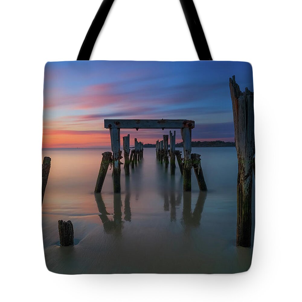Sunrise; Massachusetts; New England; Pier; Historic; Long Exposure; Ocean; Beverly; Beverly Farms; West Beach; Misery Island; East Coast; Usa; Red; Orange; Peaceful; Calm; Soothing; Tranquil; Morning; Alone; Old; Relic; Blizzard Of '78; Remains; Relic Tote Bag featuring the photograph Relic by Rob Davies