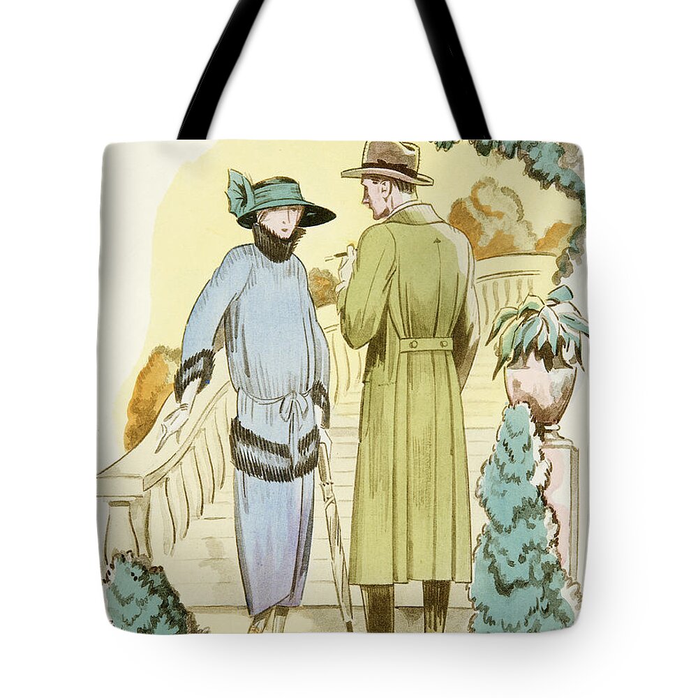Rendezvous Tote Bag featuring the drawing Rendezvous, outfit and Ulster overcoat by German School